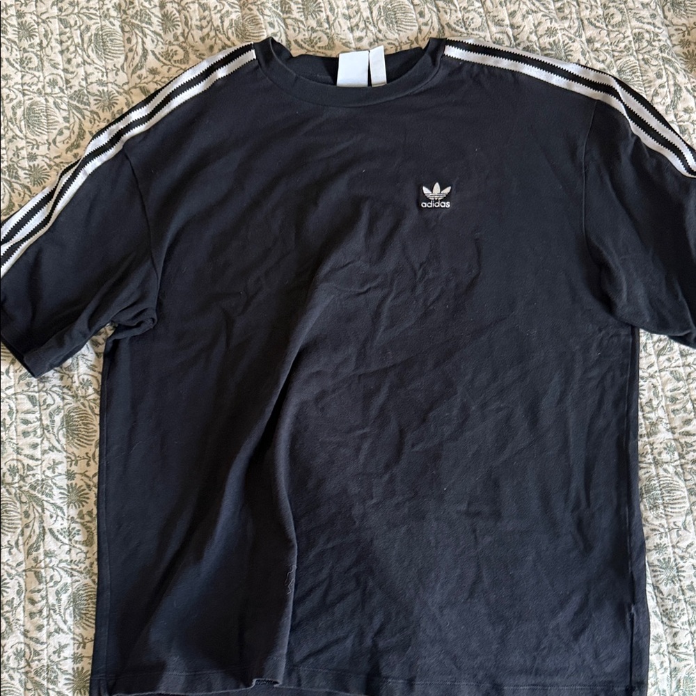 adidas Black Short Sleeve Tee with White Shoulder Stripes